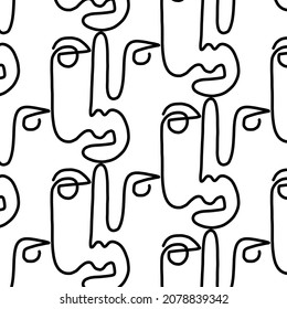 Pattern of linear abstract faces.  Simplicity wrapping paper design with cubism face. Contemporary abstract texture. Modern art. One continuous line