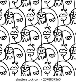 Pattern of linear abstract faces.  Simplicity wrapping paper design with cubism face. Contemporary abstract texture. Modern art. One continuous line
