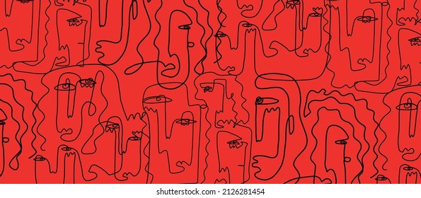 Patrón de caras abstractas lineales.  Diseño de papel de envoltura simple con rostro cubismo. Textura abstracta contemporánea. Arte moderno. Decoración en las paredes. Vector del concepto digital. 