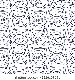 A pattern of linear arrows of different shapes and directions in a street style with a blue marker on a white background. Arrows and details, mini drawings, stars, highlights, hearts. Texture.