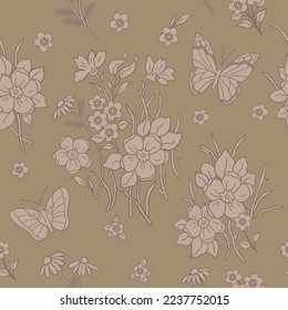 The pattern is a linear pattern of blooming summer flowers and butterflies. On a pale brown background. Suitable for textiles, fabrics, cotton fabric, covers, scrapbooking.