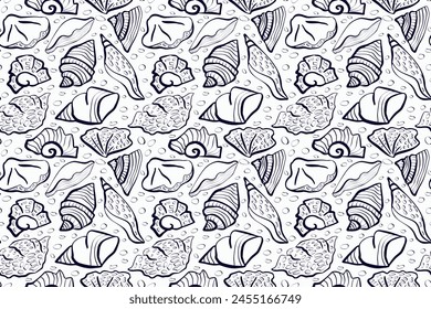 Pattern with Linear drawing of seashells. Texture with ovals and stripes. Coloring book. Dark blue outline. For children's creativity, postcards, patterns.