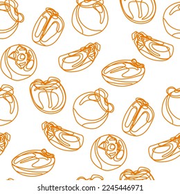 A pattern of linear drawings of persimmons on a white background. Orange lines on a white van. The persimmon is whole and cut in different parts. Packaging, icon for fruit brand