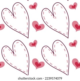 Pattern with linear hand-drawn hearts in doodle style. No background. Suitable for wallpapers, postcards, stationery, bedding. Seamless pattern in vector. Valentine's Day.