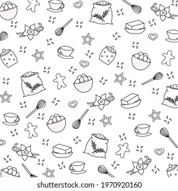 Pattern linear icon vanilla,cookies, eggs, sugar bowl, corolla, butter, flour. Wall art design. Bakery design,packaging design.Vector illustration in white background in  minimalism stile.