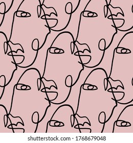 Pattern of linear sketch faces. Continuous line drawing. Simplicity wrapping paper design with cubism face. Contemporary abstract texture. One line art.