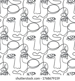 Pattern of linear sketch faces. Continuous line drawing. Simplicity wrapping paper design with cubism face. Contemporary abstract texture. One line art.