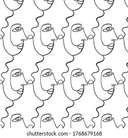 Pattern of linear sketch faces. Continuous line drawing. Simplicity wrapping paper design with cubism face. Contemporary abstract texture. One line art.