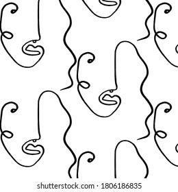 Pattern of linear sketch faces. Continuous line drawing. Simplicity wrapping paper design with cubism face. Contemporary abstract texture. One line art.