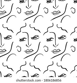 Pattern of linear sketch faces. Continuous line drawing. Simplicity wrapping paper design with cubism face. Contemporary abstract texture. One line art.