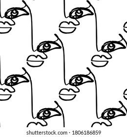 Pattern of linear sketch faces. Continuous line drawing. Simplicity wrapping paper design with cubism face. Contemporary abstract texture. One line art.