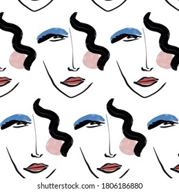 Pattern of linear sketch faces. Continuous line drawing. Simplicity wrapping paper design with cubism face. Contemporary abstract texture. One line art.