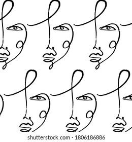 Pattern of linear sketch faces. Continuous line drawing. Simplicity wrapping paper design with cubism face. Contemporary abstract texture. One line art.