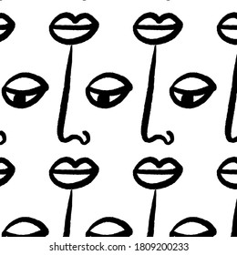 Pattern of linear sketch faces. Continuous line drawing. Simplicity wrapping paper design with cubism face. Contemporary abstract texture. One line art.