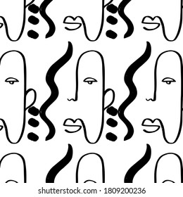 Pattern of linear sketch faces. Continuous line drawing. Simplicity wrapping paper design with cubism face. Contemporary abstract texture. One line art.