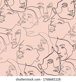 Pattern of linear sketch woman portrait. Continuous line drawing. Simplicity wrapping paper design with beauty face. Contemporary abstract texture. One line art.