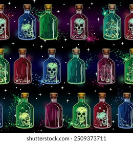 Pattern with lined up colorful bottles with potion with human skull inside, mushrooms. Halloween creepy graphics in vintage style.