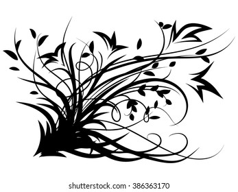 Pattern lines and black flowers on a white background