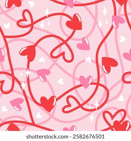 Pattern lines and hearts in red and pink. Vector on light pink background.Red and pink hearts and mini white hearts and sparkles.