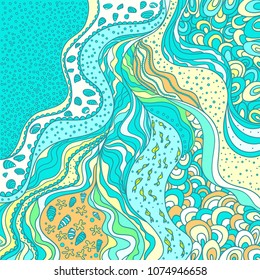 Pattern with lines and waves. Universal sea texture. View from above. Nautical background. Lineal wallpaper. Decorative style. Line art creation