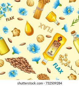 Pattern linseed oil, flax seeds and flowers. Seamless background for packaging.