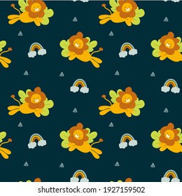 
pattern with a lion and a rainbow on a dark background. cute print for the design of baby products and things.