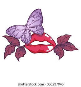 Pattern with lips and butterfly. Vintage hand-drawing pattern for posts, cards, invitations, flyers, tattoo, t-shirt print.