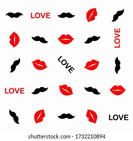 Pattern from lips, mustaches and inscriptions love. Good background for prints, napkins, wrapping paper and booklets.