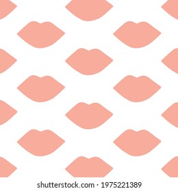 Pattern with lips. Pink lips silhouette on white background. Girlish print for clothes, textiles, wrapping paper, web. Cute and simple.