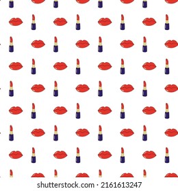 A pattern of lipstick and lips on a white background. Vector pattern, infinity pattern, seamless. Red, lipstick, kiss, paper, makeup.