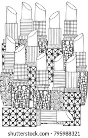 Pattern with lipstick in zentangle style. Coloring book page for adult. A4 size.  Black and white patterns. Girl's accessyare.