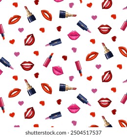 Pattern with lipsticks and lips.Vector seamless pattern with lipsticks and bright lips on transparent background.