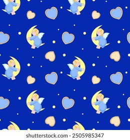 Pattern with little angels, night and their dreams. Seamless in vector. For printing and banner.