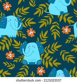Сhildish pattern with little blue elephant with plants background. Animal seamless background, cute vector texture for kids bedding, fabric, wallpaper, wrapping paper, textile, t-shirt print. Vector i