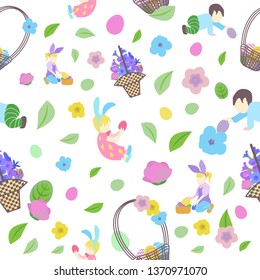 pattern with little boy and girl in different poses, easter eggs, basket and branch with leaves and flowers in pastel colors