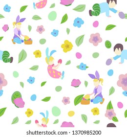 pattern with little boy and girl in different poses, easter eggs and branch with leaves and flowers in pastel colors