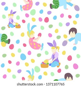 pattern with little boy and girl in different poses and easter eggs in pastel colors