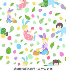 pattern with little boy and girl in different poses, easter eggs and branch with leaves in pastel colors.