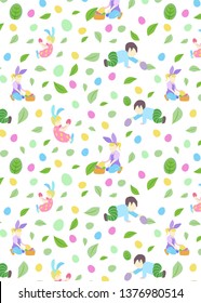 pattern with little boy and girl in different poses, easter eggs and branch with leaves in pastel colors.
