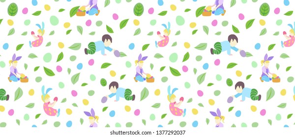 pattern with little boy and girl in different poses, easter eggs and branch with leaves in pastel colors.