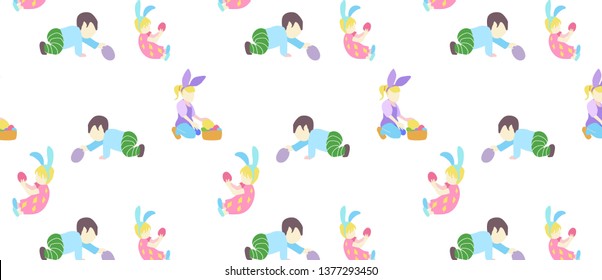 pattern with little boy and girl in different poses in pastel colors
