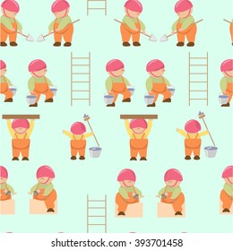 pattern little cartoon builders with paint, a shovel, hammer, ladder, repair