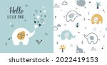 Сhildish pattern with little elephant, baby shower greeting card. Animal seamless background, cute vector texture for kids bedding, fabric, wallpaper, wrapping paper, textile, t-shirt print