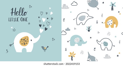 Сhildish pattern with little elephant, baby shower greeting card. Animal seamless background, cute vector texture for kids bedding, fabric, wallpaper, wrapping paper, textile, t-shirt print