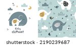 Сhildish pattern with little elephant and mom, baby shower greeting card. Animal seamless background, cute vector texture for kids bedding, fabric, wallpaper, wrapping paper, textile, t-shirt print