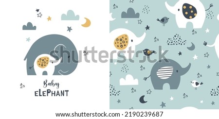 Сhildish pattern with little elephant and mom, baby shower greeting card. Animal seamless background, cute vector texture for kids bedding, fabric, wallpaper, wrapping paper, textile, t-shirt print