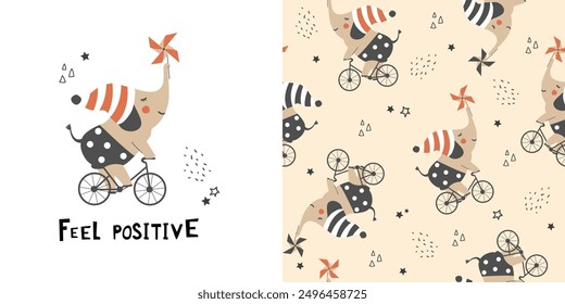 Сhildish pattern with little elephant on bike. Baby shower greeting card. Animal seamless background, cute vector texture for kids bedding, fabric, wallpaper, wrapping paper, textile, t-shirt print