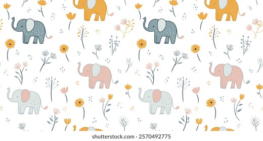 Сhildish pattern with little elephant in pastel colours. Animal seamless background, cute vector texture for kids bedding, fabric, wallpaper, wrapping paper, textile, t-shirt print