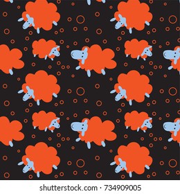 Pattern with little funny sheep on the dark background.