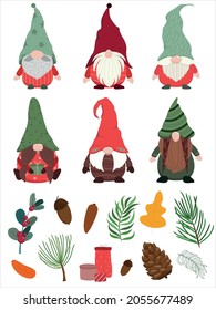 Pattern Little Gnomes Christmas tree branches and cones, acorns and gifts, autumn leaves and mistletoe